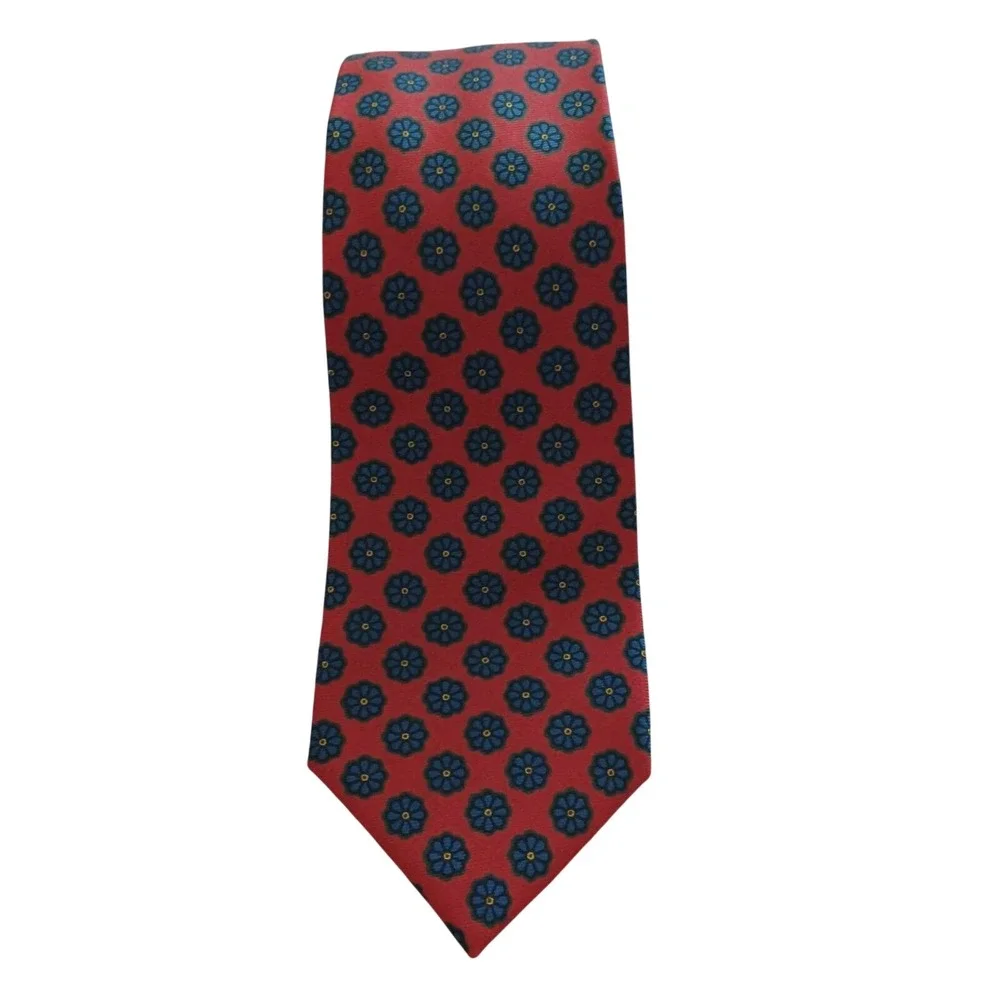 Burberrys Silk Tie Red Blue Floral Pattern Made in England Mens